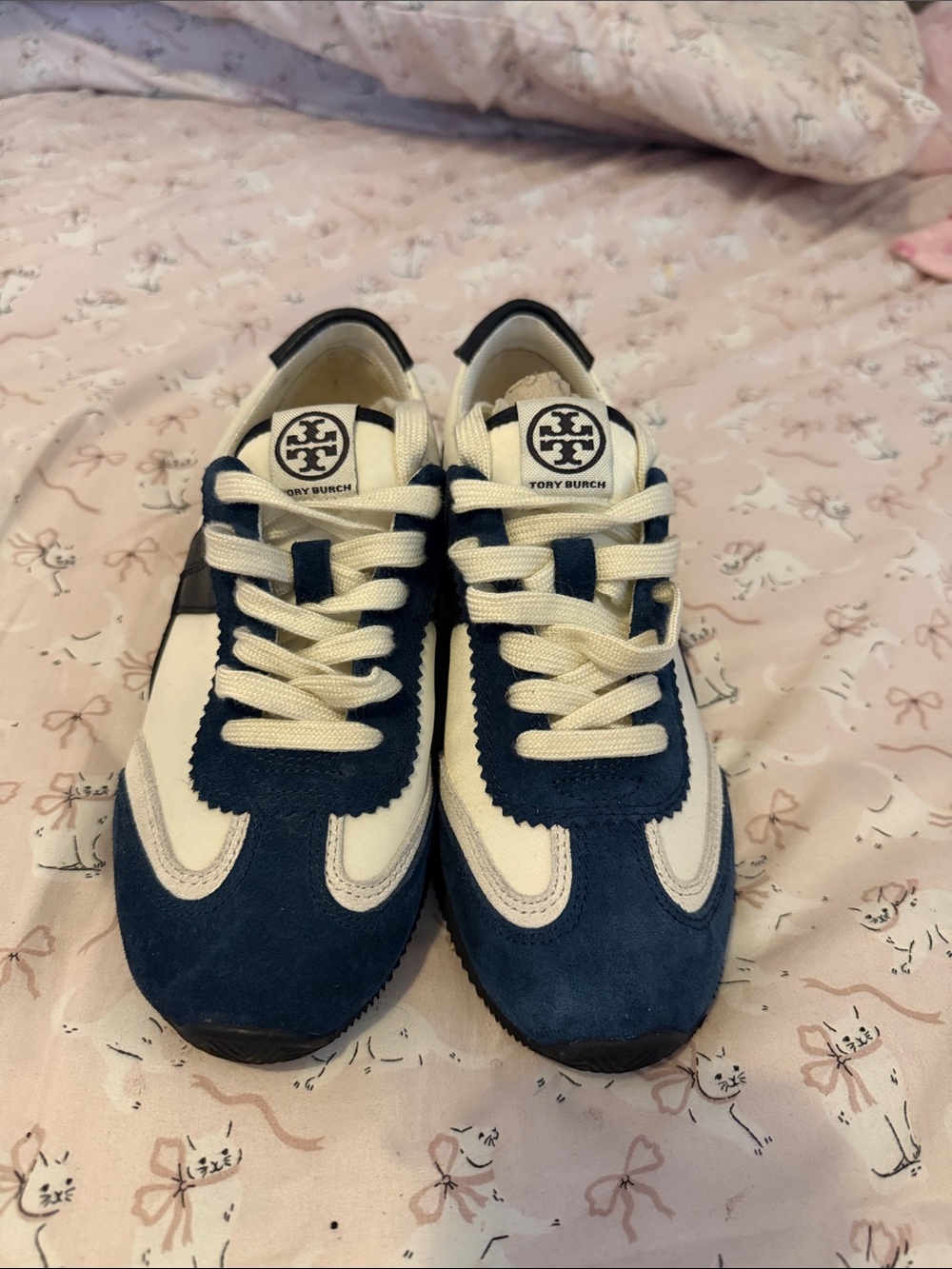Tory Burch Navy and Cream Suede Lace-Up Sneakers